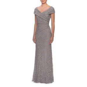 La Femme Portrait Neck embellished Lace Gown 14 Platinum